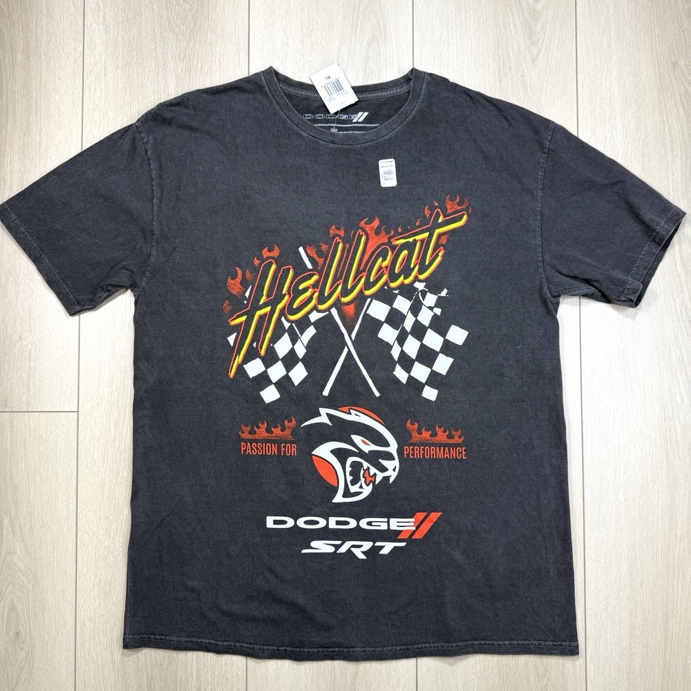Dodge SRT Hellcat Graphic T-Shirt Mens XL Black Flames Racing Checkered Flag Tee